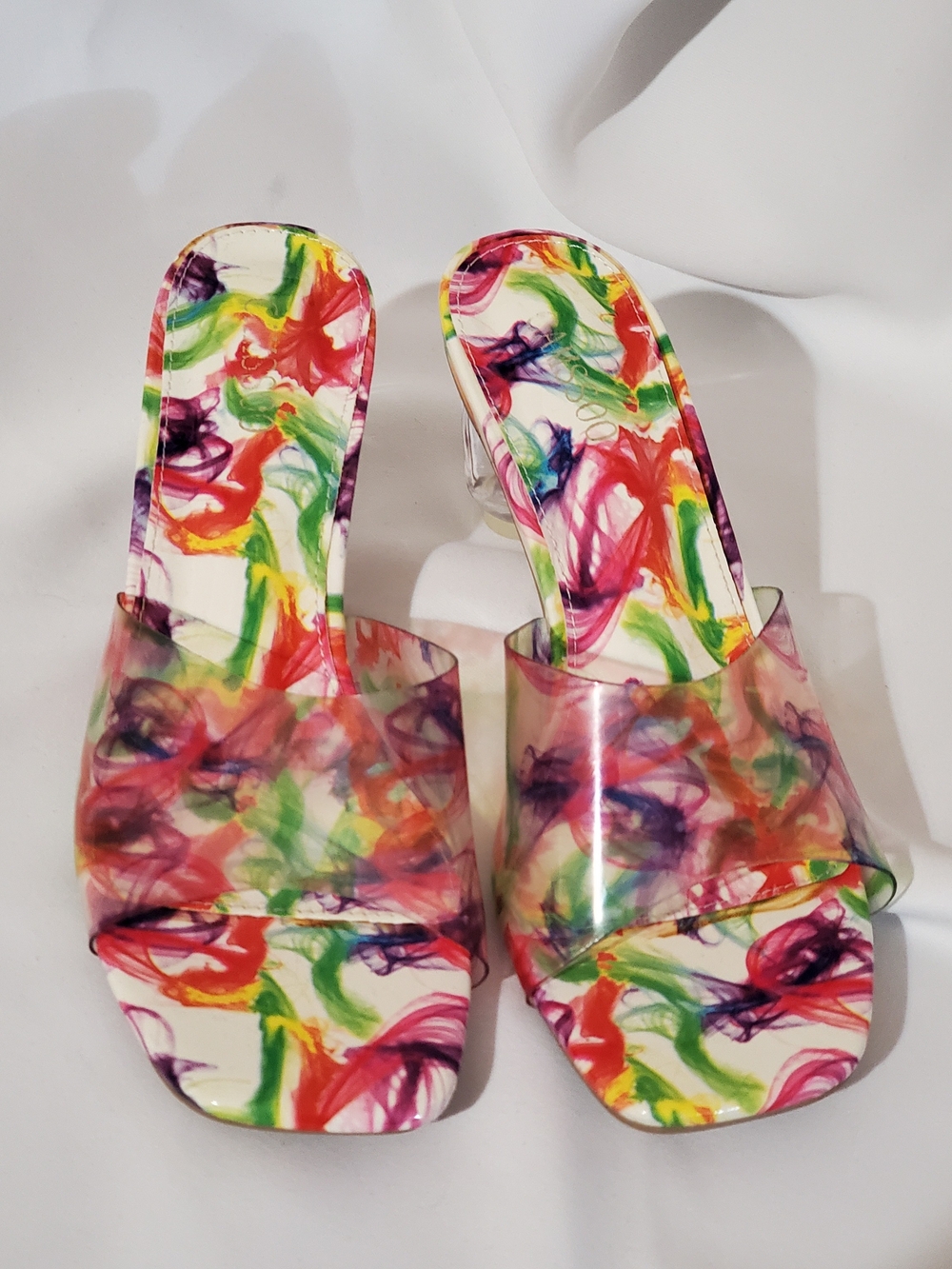 Women’s Clear Strap Multicolor Slide Heels - Vibrant Print